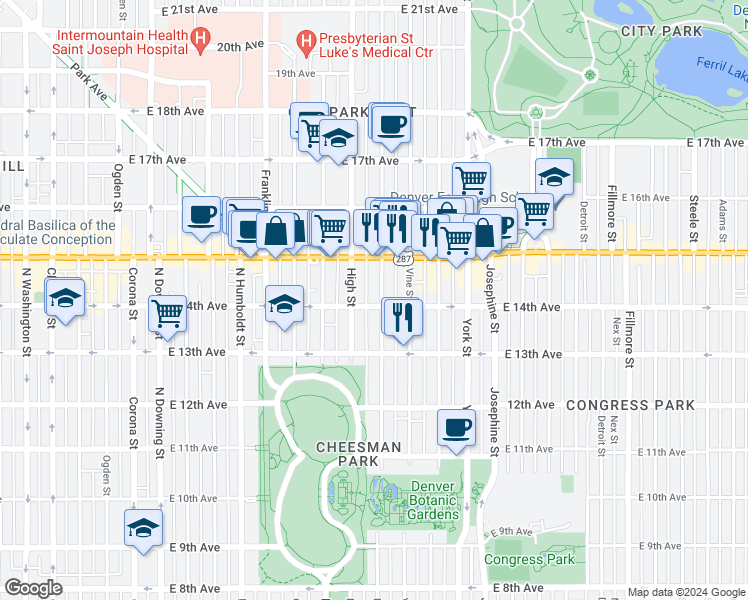 map of restaurants, bars, coffee shops, grocery stores, and more near 1922 East 14th Avenue in Denver