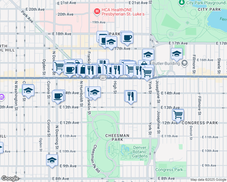 map of restaurants, bars, coffee shops, grocery stores, and more near in Denver