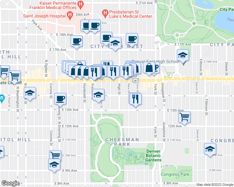 map of restaurants, bars, coffee shops, grocery stores, and more near 1368 North Williams Street in Denver
