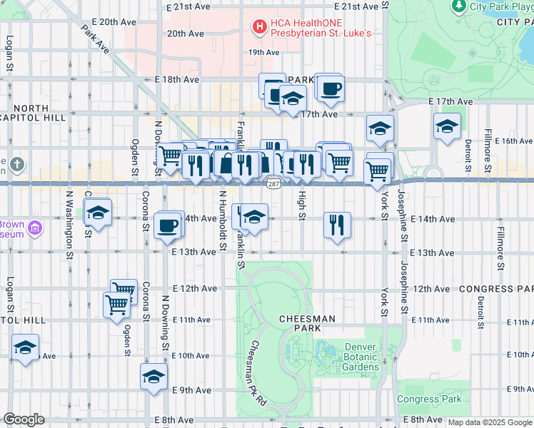 map of restaurants, bars, coffee shops, grocery stores, and more near 1368 Gilpin Street in Denver