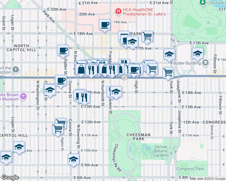 map of restaurants, bars, coffee shops, grocery stores, and more near 1328 Franklin Street in Denver