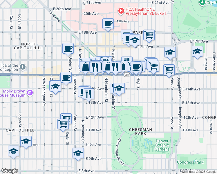 map of restaurants, bars, coffee shops, grocery stores, and more near 1328 Franklin Street in Denver