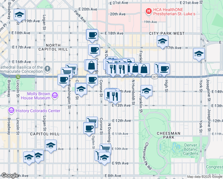 map of restaurants, bars, coffee shops, grocery stores, and more near 1356 North Downing Street in Denver
