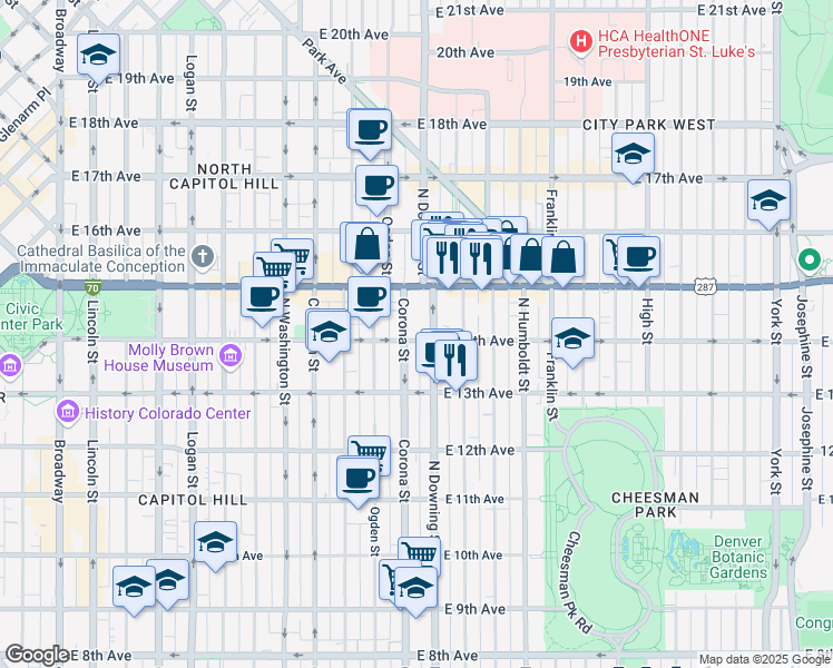 map of restaurants, bars, coffee shops, grocery stores, and more near 1356 North Downing Street in Denver