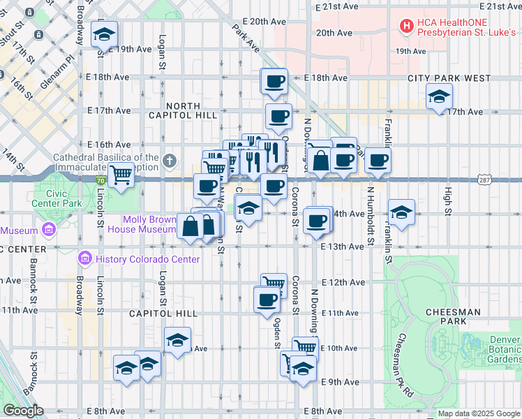 map of restaurants, bars, coffee shops, grocery stores, and more near 700 Colorado Boulevard in Denver