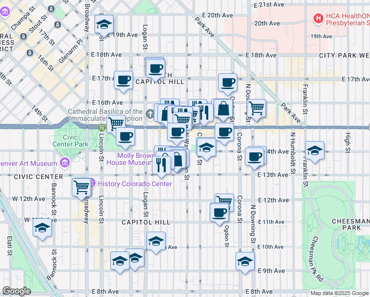 map of restaurants, bars, coffee shops, grocery stores, and more near 1365 North Washington Street in Denver