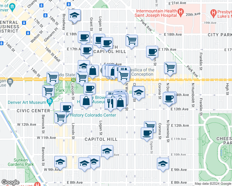 map of restaurants, bars, coffee shops, grocery stores, and more near 522 East 14th Avenue in Denver