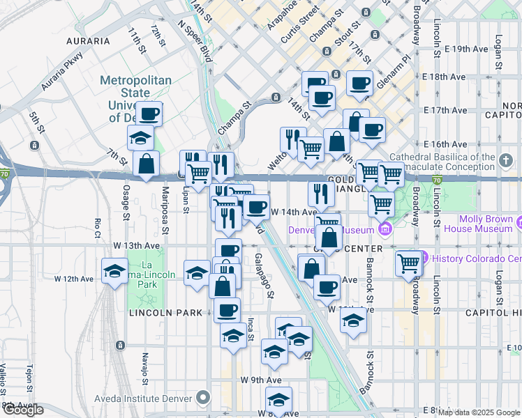 map of restaurants, bars, coffee shops, grocery stores, and more near 1350 Speer Boulevard in Denver