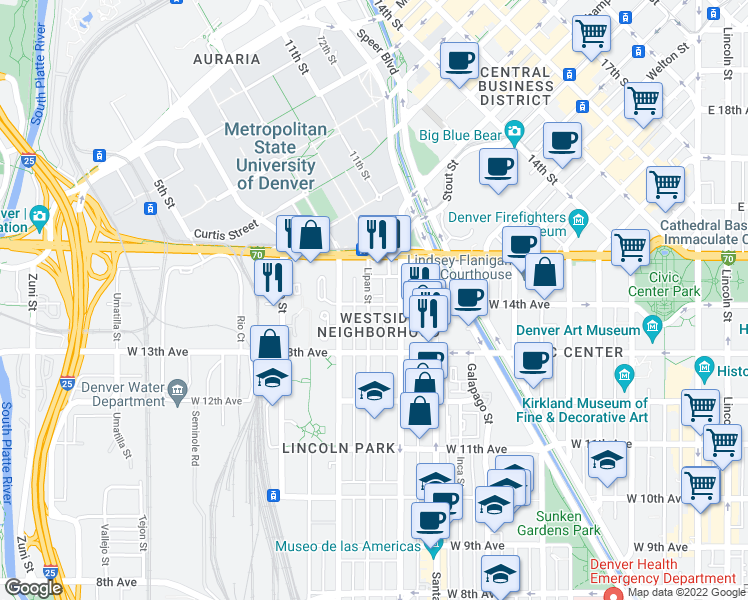 map of restaurants, bars, coffee shops, grocery stores, and more near in Denver