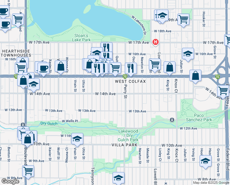 map of restaurants, bars, coffee shops, grocery stores, and more near 1365 Quitman Street in Denver