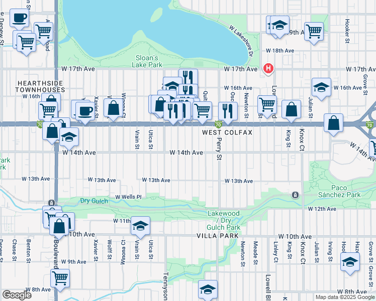 map of restaurants, bars, coffee shops, grocery stores, and more near 1375 Raleigh Street in Denver