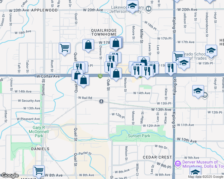 map of restaurants, bars, coffee shops, grocery stores, and more near 1420 Oak Street in Lakewood