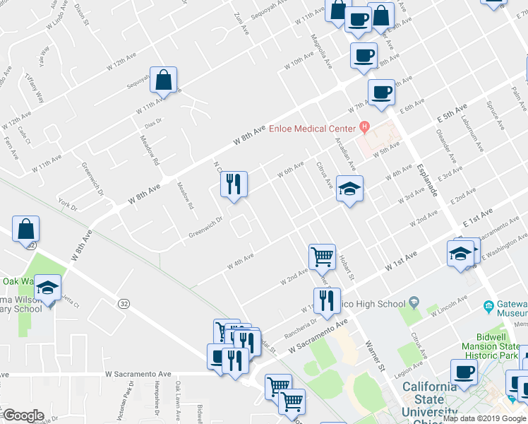 map of restaurants, bars, coffee shops, grocery stores, and more near 1412 North Cherry Street in Chico