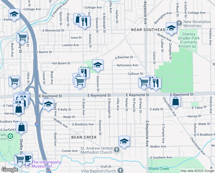 map of restaurants, bars, coffee shops, grocery stores, and more near 1830 East Raymond Street in Indianapolis