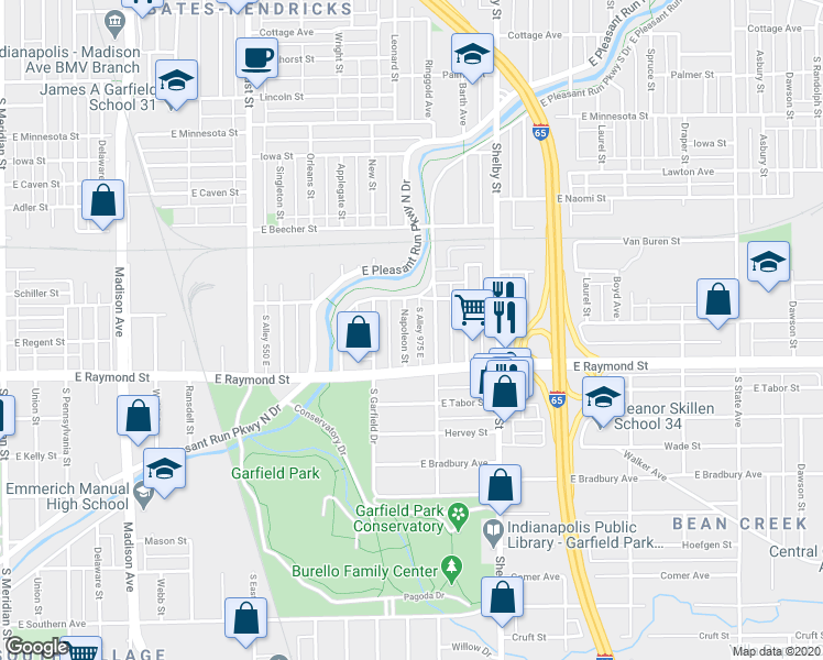 map of restaurants, bars, coffee shops, grocery stores, and more near 2160 Napoleon Street in Indianapolis