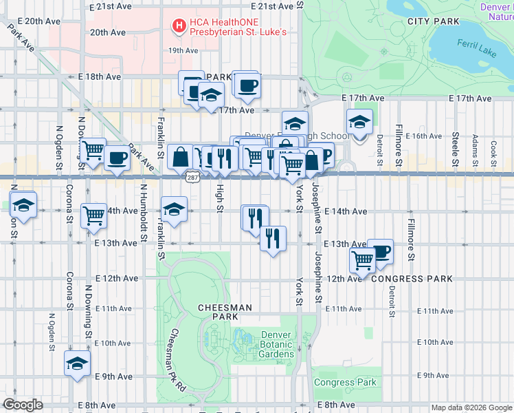 map of restaurants, bars, coffee shops, grocery stores, and more near in Denver
