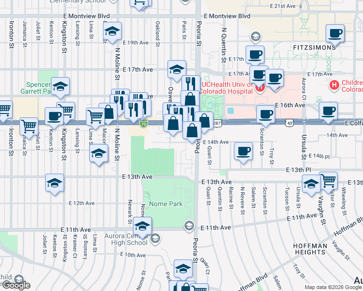map of restaurants, bars, coffee shops, grocery stores, and more near 12000 East 14th Avenue in Aurora