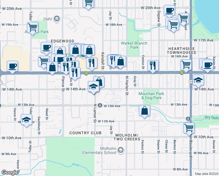 map of restaurants, bars, coffee shops, grocery stores, and more near 1405 Jay Street in Lakewood