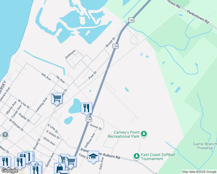 map of restaurants, bars, coffee shops, grocery stores, and more near 291 North Virginia Avenue in Penns Grove