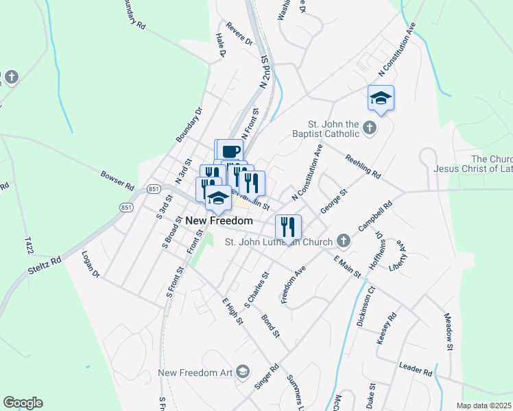 map of restaurants, bars, coffee shops, grocery stores, and more near 30 East Franklin Street in New Freedom