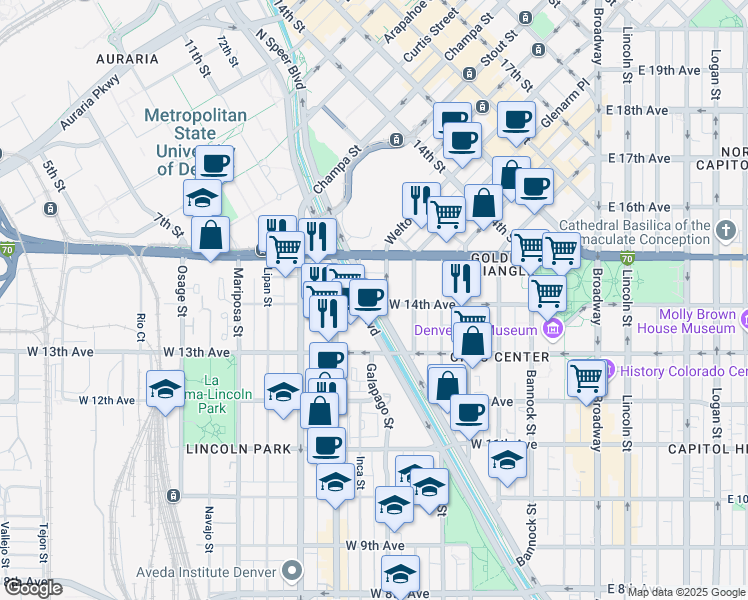 map of restaurants, bars, coffee shops, grocery stores, and more near 1350 Speer Boulevard in Denver