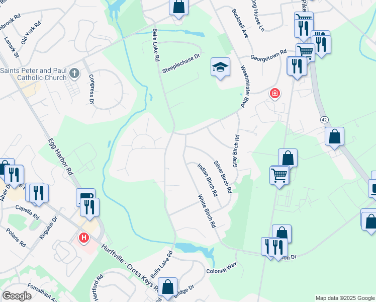 map of restaurants, bars, coffee shops, grocery stores, and more near 7 White Birch Road in Washington Township