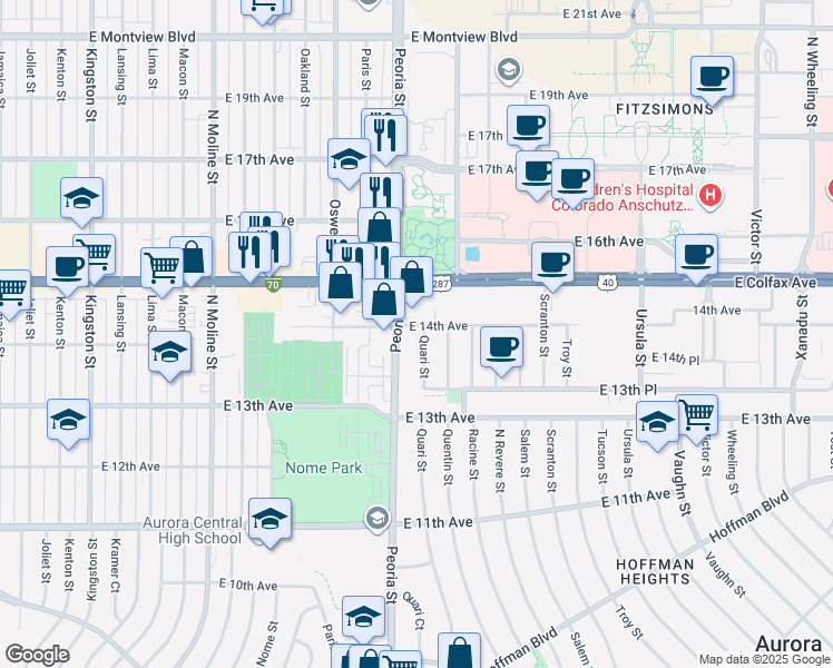 map of restaurants, bars, coffee shops, grocery stores, and more near 1389 Quari Street in Aurora