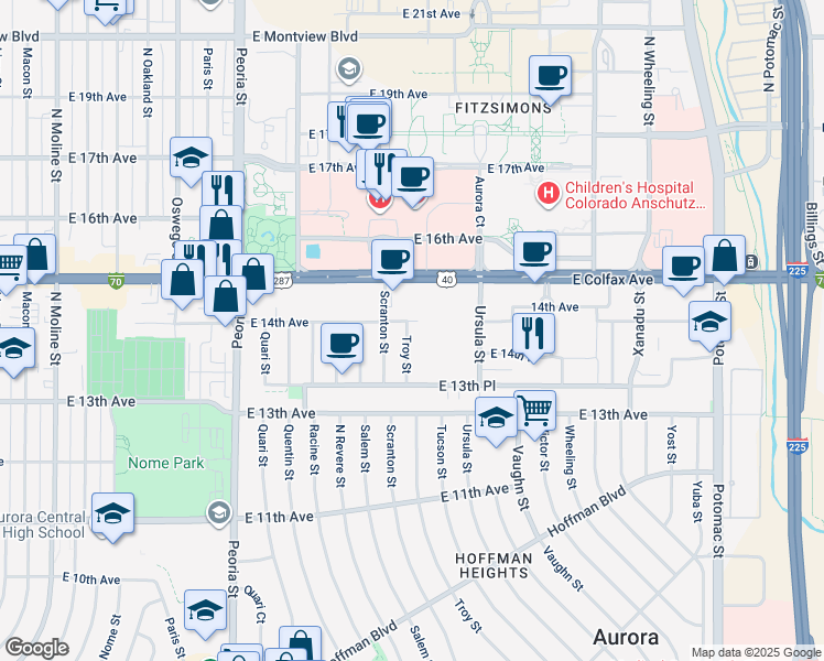 map of restaurants, bars, coffee shops, grocery stores, and more near 1390 Troy Street in Aurora