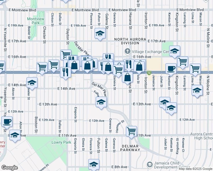 map of restaurants, bars, coffee shops, grocery stores, and more near 1408 Galena Street in Aurora