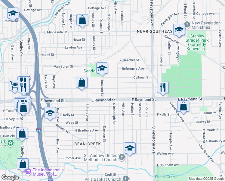 map of restaurants, bars, coffee shops, grocery stores, and more near 1830 East Raymond Street in Indianapolis