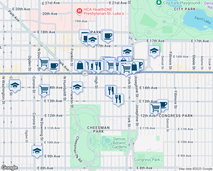 map of restaurants, bars, coffee shops, grocery stores, and more near 1365 Vine Street in Denver