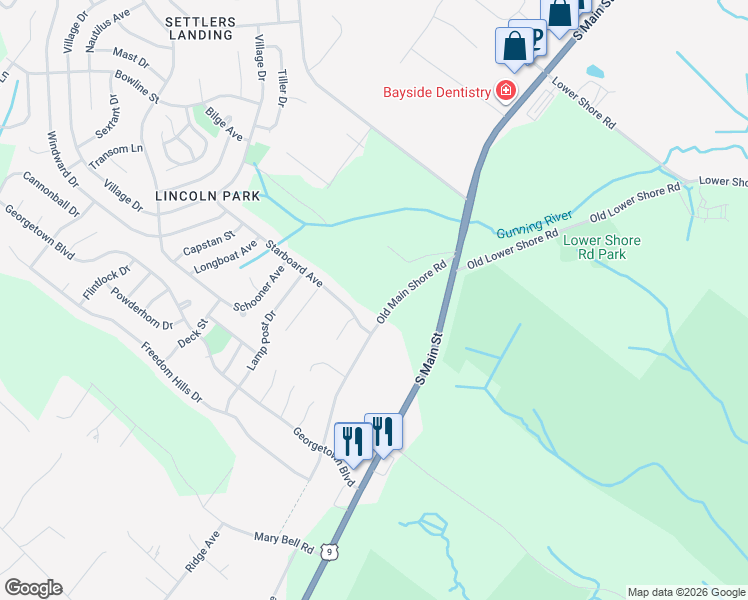 map of restaurants, bars, coffee shops, grocery stores, and more near 99 Old Main Shore Road in Barnegat Township