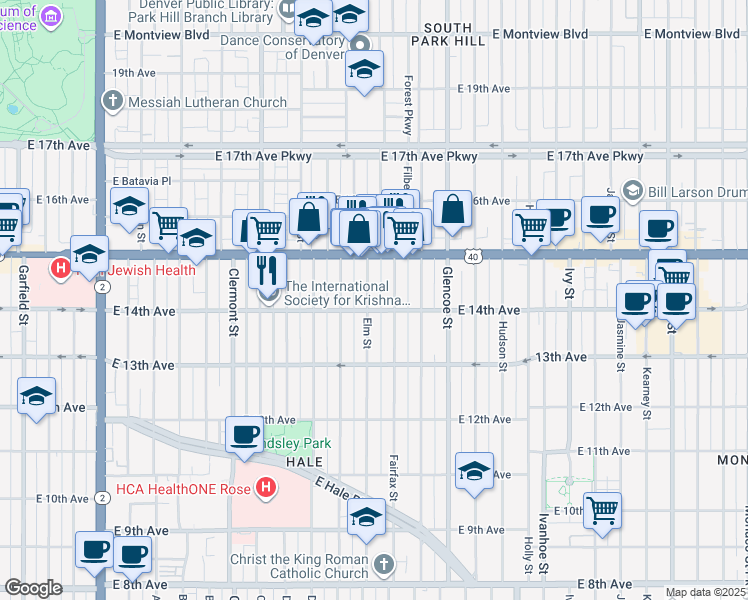 map of restaurants, bars, coffee shops, grocery stores, and more near 1387 Elm Street in Denver