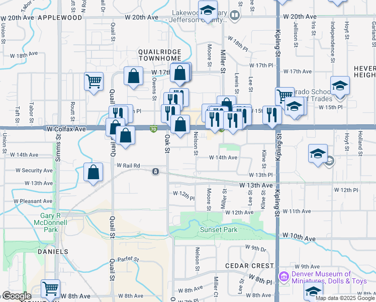 map of restaurants, bars, coffee shops, grocery stores, and more near 1421 Nelson Street in Lakewood