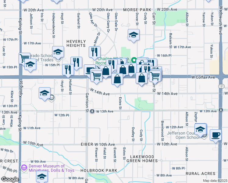 map of restaurants, bars, coffee shops, grocery stores, and more near 8800 West 14th Avenue in Lakewood