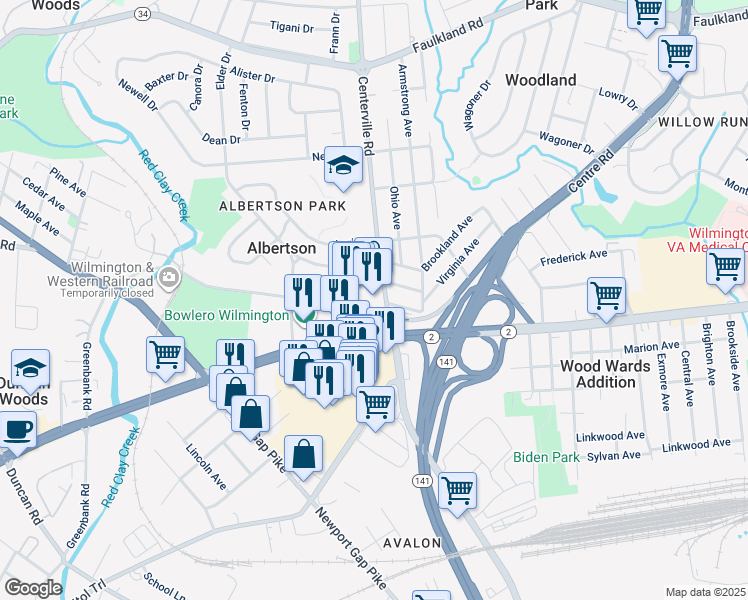 map of restaurants, bars, coffee shops, grocery stores, and more near 100-198 Greenbank Road in Wilmington