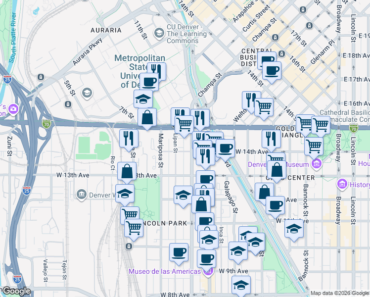 map of restaurants, bars, coffee shops, grocery stores, and more near 1366 Kalamath Street in Denver