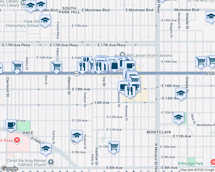 map of restaurants, bars, coffee shops, grocery stores, and more near 1380 Ivy Street in Denver