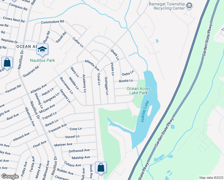 map of restaurants, bars, coffee shops, grocery stores, and more near 492 Pirate Lane in Stafford Township