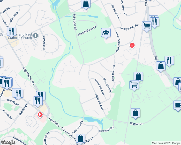 map of restaurants, bars, coffee shops, grocery stores, and more near 7 White Birch Road in Washington Township