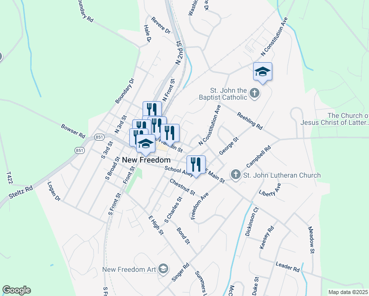 map of restaurants, bars, coffee shops, grocery stores, and more near 43 East Franklin Street in New Freedom