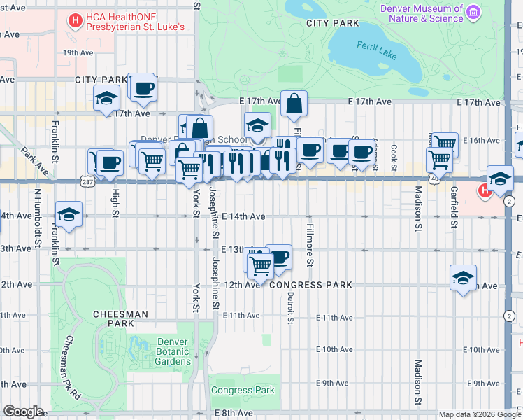 map of restaurants, bars, coffee shops, grocery stores, and more near 2607 East 14th Avenue in Denver