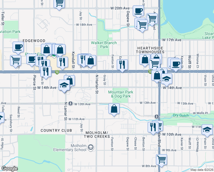 map of restaurants, bars, coffee shops, grocery stores, and more near 1410 Gray Street in Lakewood