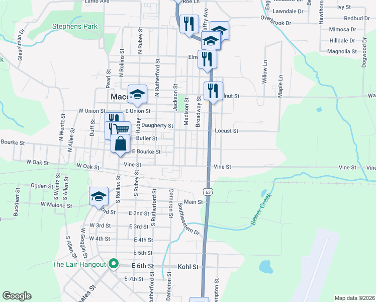 map of restaurants, bars, coffee shops, grocery stores, and more near 101 Madison Street in Macon