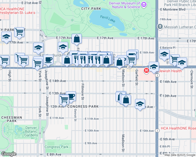 map of restaurants, bars, coffee shops, grocery stores, and more near 1362 Saint Paul Street in Denver