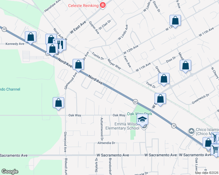 map of restaurants, bars, coffee shops, grocery stores, and more near 2120 Nord Avenue in Chico
