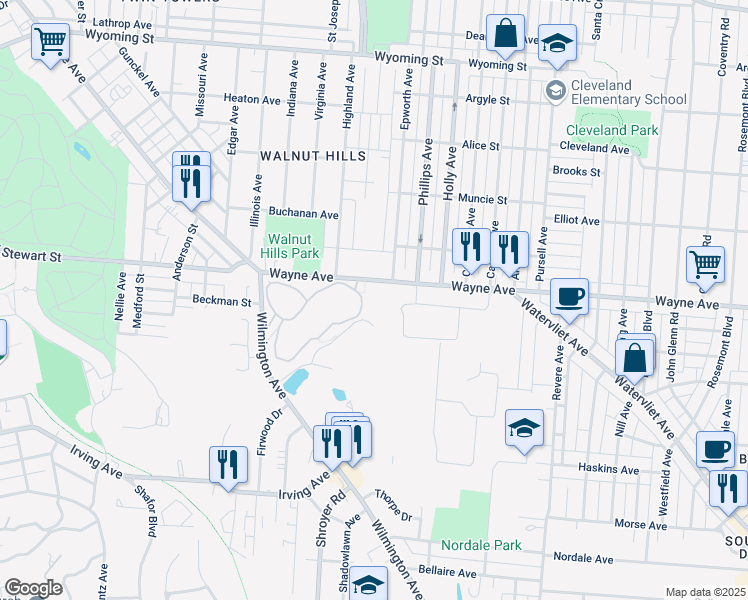 map of restaurants, bars, coffee shops, grocery stores, and more near 2451 Wayne Avenue in Dayton