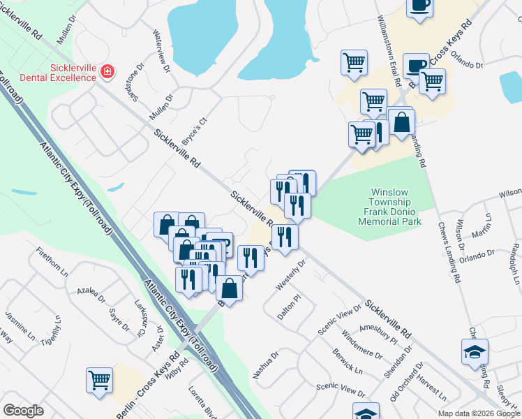 map of restaurants, bars, coffee shops, grocery stores, and more near 110 Farmhouse Road in Sicklerville