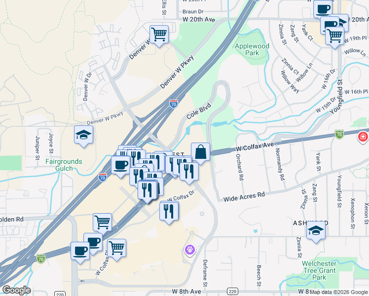 map of restaurants, bars, coffee shops, grocery stores, and more near 13949 West Colfax Avenue in Lakewood