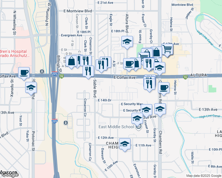 map of restaurants, bars, coffee shops, grocery stores, and more near 14665 East 13th Circle in Aurora
